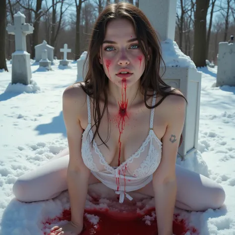 (Best quality, 32k, Raw photo, UHD), lifelike rendering, (Full body photo, Head to toe shot), Photo of a seductive French female murderer in ecstasy after ejacuation, (1girl, solo, 21yo), stunning, (Long brown hair, blue eyes), double eyelids, blood-staine...