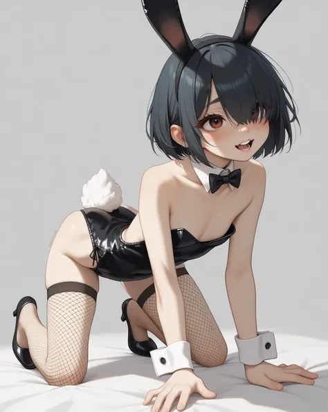 (furry rabbit face:0.9), girl , skinny , bob cut , beautiful hair over the eyes , Long eyelashes , Overbite , baggy black bunny suit , Oversized, (There is a gap in the chest) , (areola:0.5)
, Fishnet stockings
, (pull out 1 carrot from ass crack) , (orgas...