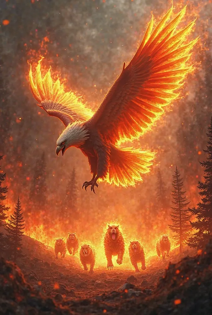 Make a picture of an fire eagle attacking on fire lions and background is forest jo fire sa jalraha ha