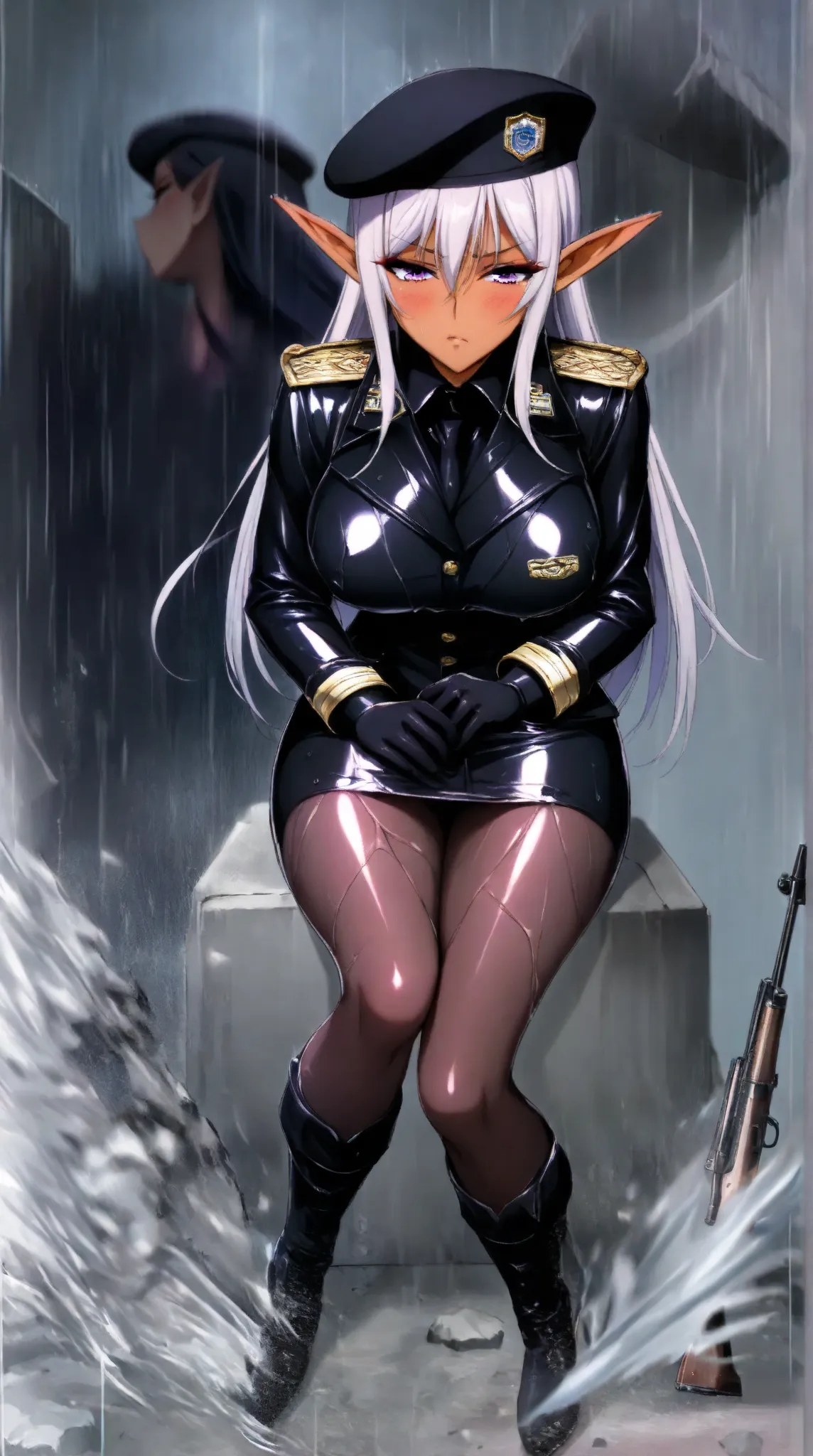 One mature and seductive dark elf woman,(masterpiece, highest quality, highly detailed, incredibly absurd high resolution, 8K, illustration, CG),(female cavalry officer, black latex military uniform with epaulettes, beret, pencil skirt, body stocking, blac...