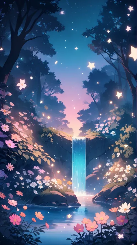 Viral anime nature wallpaper in 4K quality, in the style of illustration inspired by Studio Ghibli, depicting a hidden waterfall surrounded by lush greenery, delicate flowers blooming around, and small woodland creatures playing near the water, soft and pa...