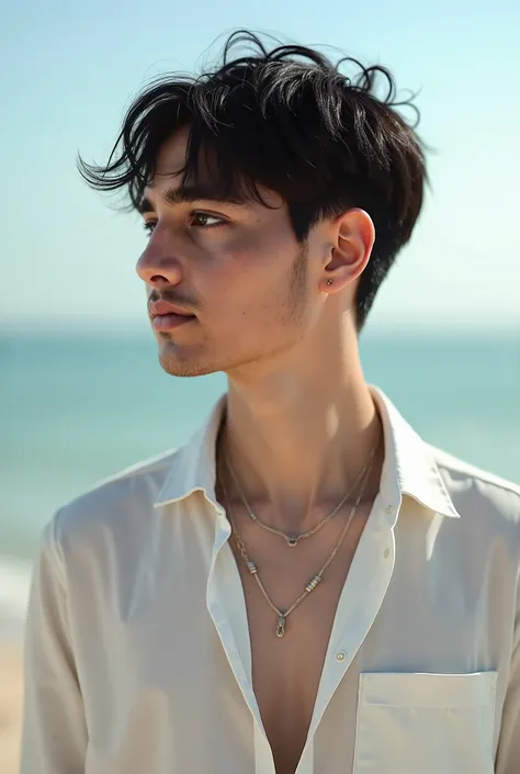 Portrait of a handsome young man, full body, beach, modeling, men's clothing, spring summer collection, white skin, extremely pale skin, european boy, black hair, (8k, RAW photo, best quality, masterpiece:1.2), (realistic, photo-realistic:1.37), ultra-deta...