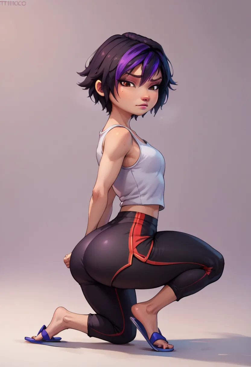 score_9, score_8_up, score_7_up, BREAK, gogotomago, 1girl, solo, short hair, simple background, black hair, brown eyes, purple hair,,thicc fat ass,(((white flip flops))),tiptoe, dangling,(((Sports tight-fitting long pants))),(((White mini fitted tank top) ...