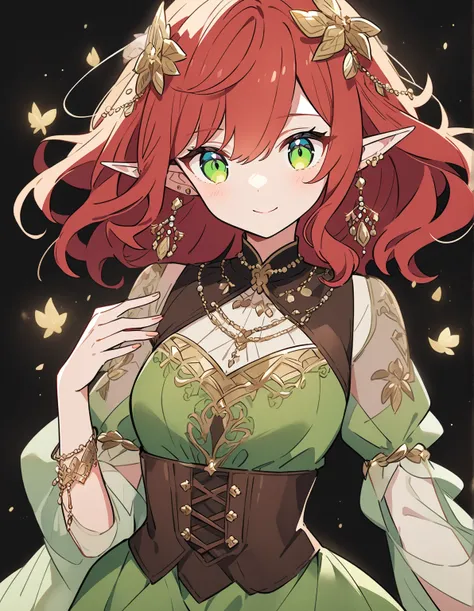 An anime-style illustration with cell shading featuring an elf girl with short, wavy red hair. She has bright green eyes and a gentle expression with a soft smile. She wears a green dress with gold accents, a brown corset with crisscross lacing at the fron...