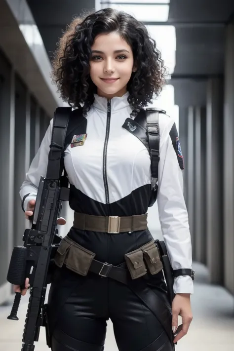 High quality surreal image of a woman .   women are of mixed Native American and Jewish descent.   Strong Characteristics  ,  white skin.  Black curly hair, Dark Eyes.  Women wear semi-futuristic combat uniforms .  She has a gun and a knife strapped to her...