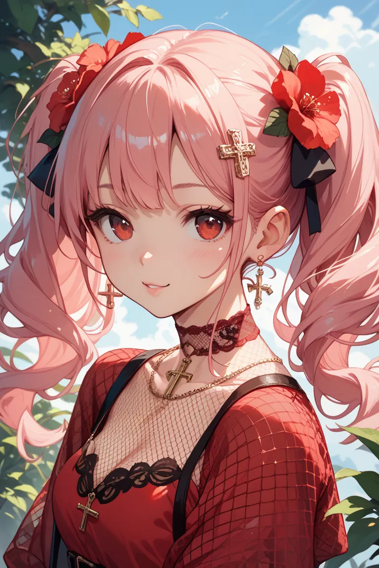  pink hair　cute　 red mesh　 red eyes　twin tails　cross choker　 cross earrings　Flower hair ornament