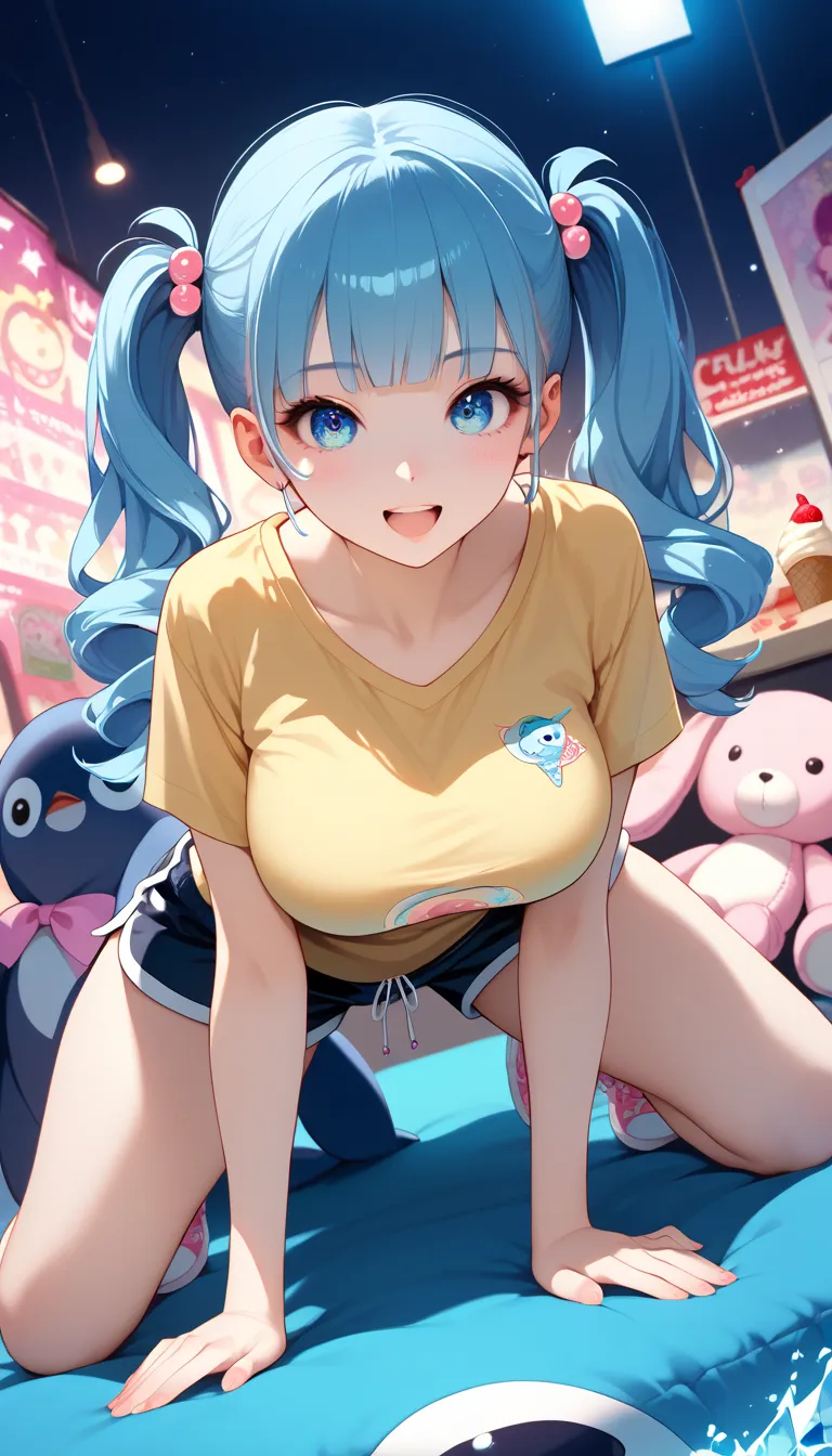 ((Busty Bitches)), score_9, score_8_up, score_7_up, source_anime, highly detailed, 1girl, ultra cute, ultra sexy, ultra curvy, ultra bouncy, ultra feminine, perfect face, perfect eyes, large breasts, ecchi, cutesy , crawl on all fours, blue twintails, yell...