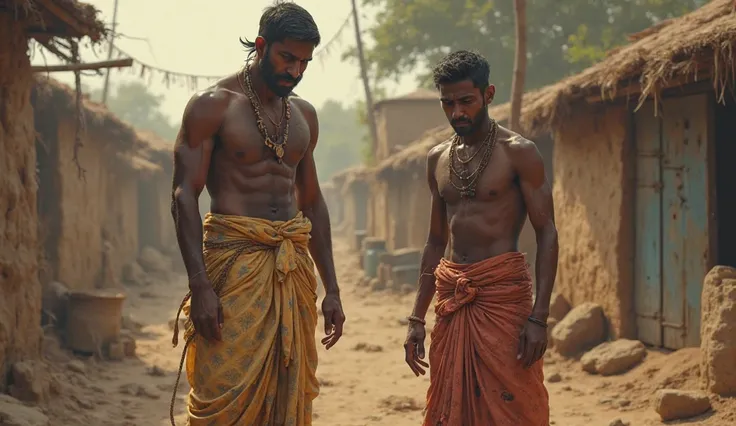 A indian In a small village, there lived two poor friends, one with a muscular appearance and the other with a thin appearance. Both were wearing dirty dhoti.