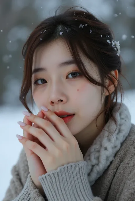 Hyperrealistic photograph of a japanese very cute woman in her mid-20s with freezing cold hands, upper body portrait from face to waist, winter outdoor background.