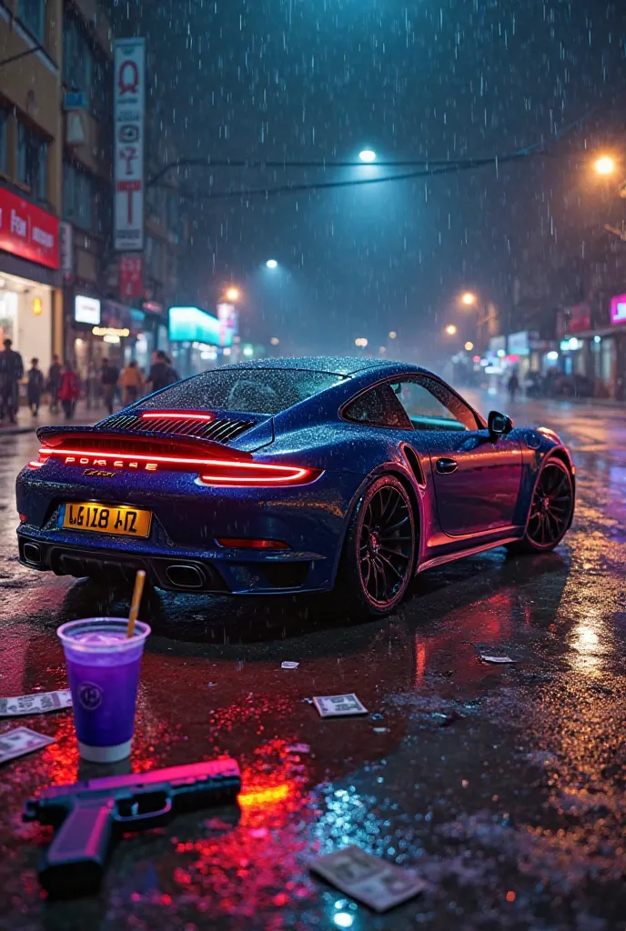 Rainy night with Porsche, red blue purple and yellow,  styrofoam cup with spilt purple juice on ground with money falling from sky, pistol on ground