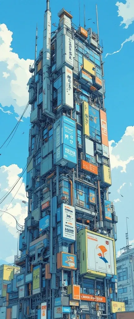  A skyscraper with glass walls , office district,modern cyberpunk,mechanical,Piping,blue sky,cloud,Flock of birds,advertising signs line up,Talk to a dynamic microphone fixed to the ,movie poster, magazine cover ,big title ,big logo 