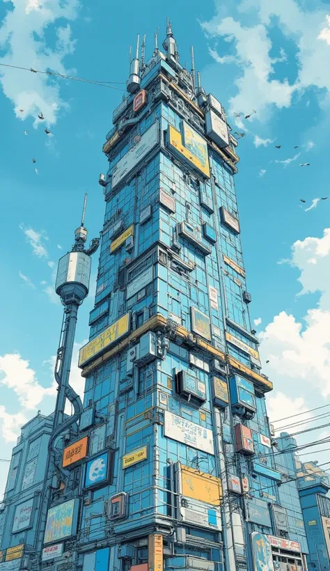  A skyscraper with glass walls , office district,modern cyberpunk,mechanical,Piping,blue sky,cloud,Flock of birds,advertising signs line up,Talk to a dynamic microphone fixed to the ,movie poster, magazine cover ,big title ,big logo 