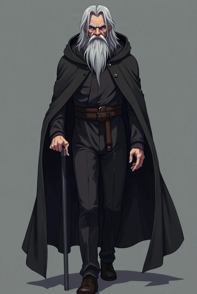 Anime style, slightly evil expression, extremely old man, medium length gray hair, beardless, standing dominant pose, purple iris, full black modern cloak with hood but he's not wearing the hood, walking using cane, pitch black cane, frontal view