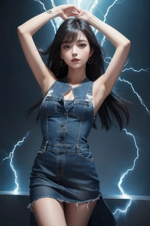 masterpiece,  top quality,  1 girl,  black hair,  shoulder out,  long hair,  dress, Denim Shot,  Dynamic Poses ,  dynamic angle with blue lightning,