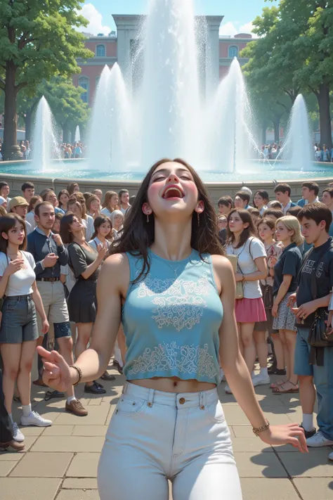 She is wearing a sky blue tank top and white jeans.In front of a huge fountain with exciting music, she closes her eyes, smiles brightly, and dances excitedly.People are watching and clapping at the park on a bright day.