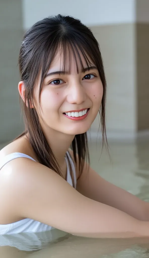 High quality images of Japanese female idols、Naked girls bathing in hot springs、 she's smiling、looking at the camera、