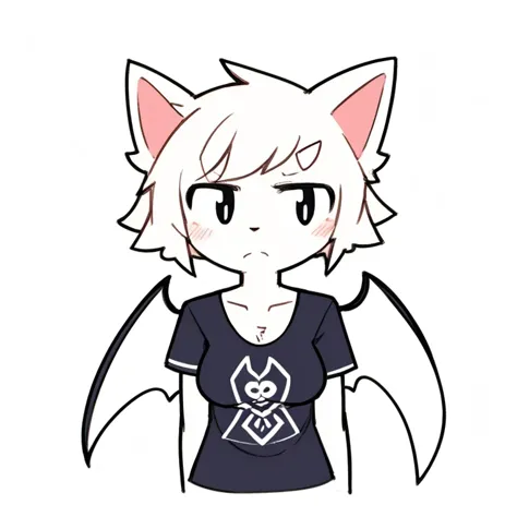  ,Furry ,  simple art  ,thin,  cute, ,Chest, t shirt，breasts,Cat, Devil Wings，Frown/frown,  saggy eyes , Nu Zi , 