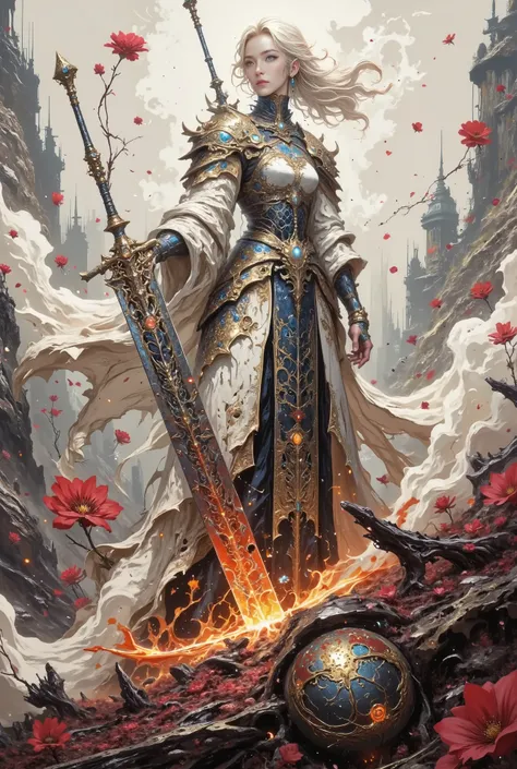  MaleniaNorm's intense and thrilling scene , Legendary female warrior,  maximizing realistic rendering . covered in an elegant fish scale pattern, she stood confidently ,Peerless Beauty， . Her perfect figure wore finely carved gold and dark blue armor, A p...