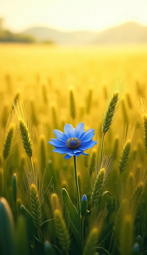 Green wheat field, a wild blue flower in field