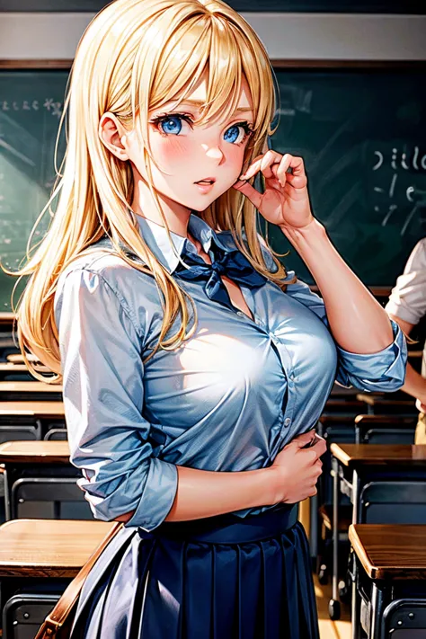 A  blond girl with blue eyes passionately kisses her teacher., A burly 30-year-old man in the mouth in the middle of the classroom while students watch, she is dressed as a schoolgirl while her teacher is elegantly dressed