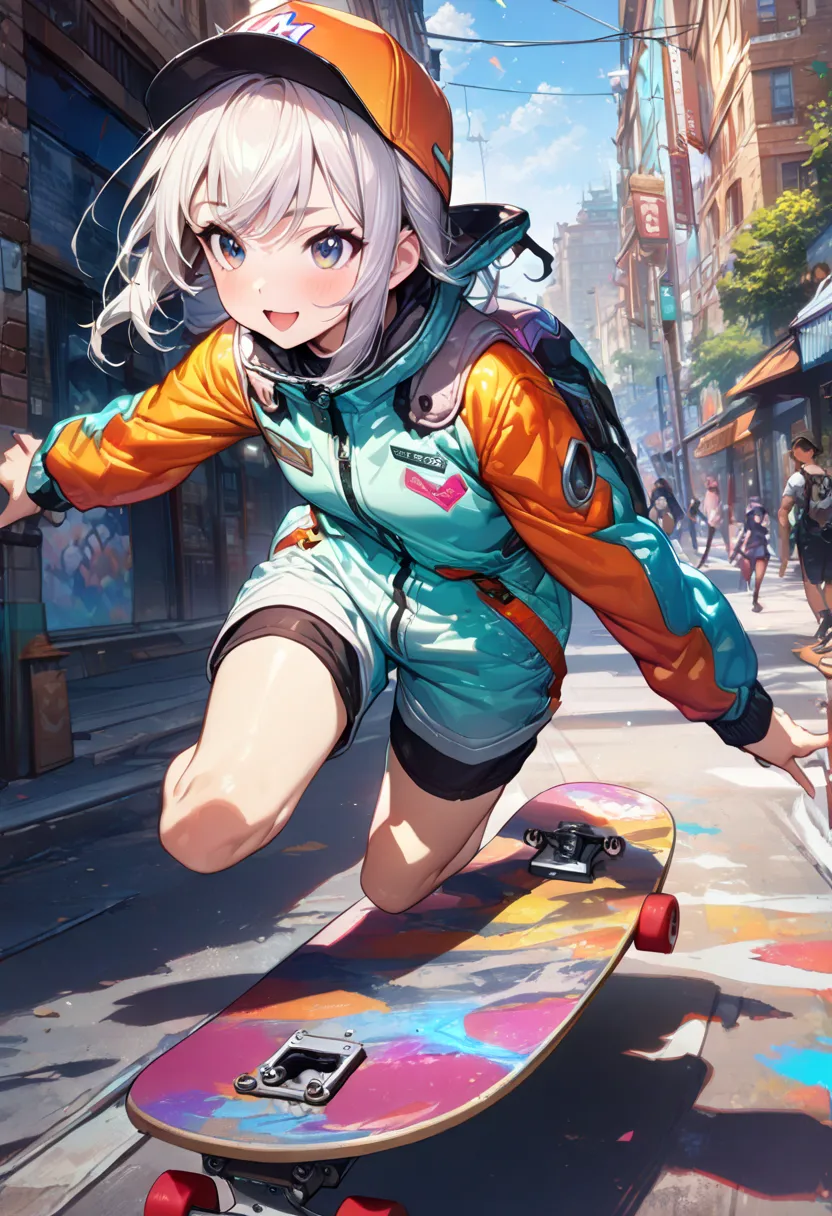 masterpiece, best quality, (highly detailed CG unity 8k wallpaper) (best quality), (best illustration), best shadow, (girl skateboarding: 1.3), , cute, short white hair, cap, sweet, cool, shiny eye details, (colored flight suit), fashionable shorts, (color...