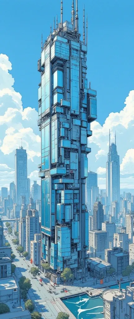  A skyscraper with glass walls , office district,modern cyberpunk,blue sky,cloud