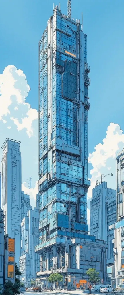  A skyscraper with glass walls , office district,modern cyberpunk,blue sky,cloud