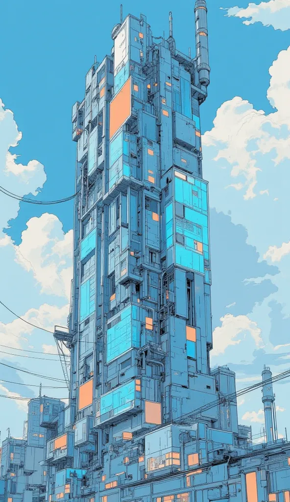  A skyscraper with glass walls , office district,modern cyberpunk,blue sky,cloud