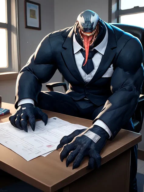 score_9, score_8_up, score_7_up, score_6_up, score_5_up, score_4_up, venom \(marvel\), detailed,epic,depth of field,perfect lighting,light particles, sharp teeth, fangs, tongue, claws,solo,1boy,plump,glamor,full body,panorama,looking_at_viewer,close-up, Ma...