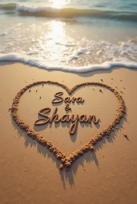 Sara , Shayan names are written on the sand between a heart realistic and clearly 