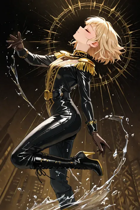  My Hero Academy Anime ,in profile,a beautiful 23-year-old young woman,blond hair, short and wavy,eyes closed,a beautiful makeup,wearing dark and elegant outfit fitted black leather jumpsuit with blue and gold details complex with lines and decorative patt...