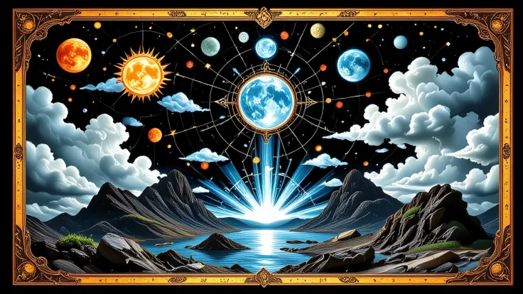 horizontal blue gold space moon and sun clouds heavens esoteric mystic stained glass style broad banner background black background color no humans with lots of small details