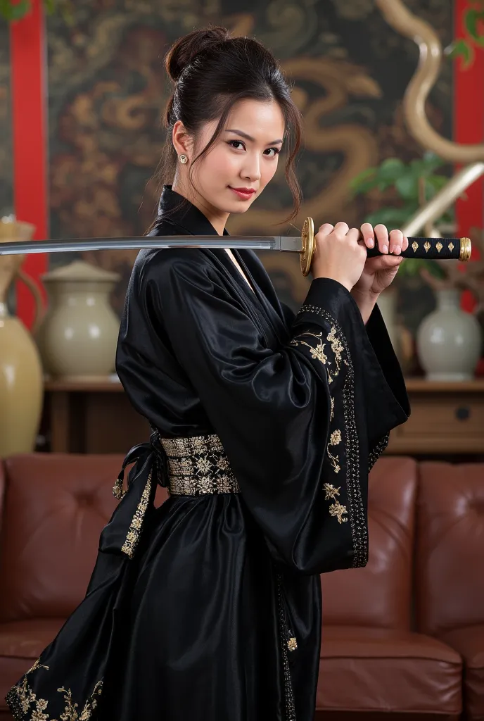 arafed Asian woman in a black kimono, yielding a katana, dragon-inspired silk robe, traditional Chinese clothing, wearing black silk robe