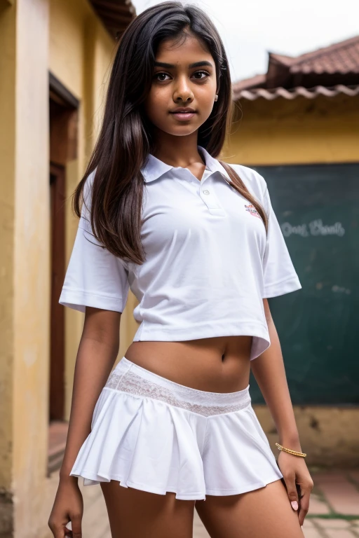 Pretty Sri lankan girl 12yo wearing a white school shirt and white school short skirt showing underwear(young girls bloomer )