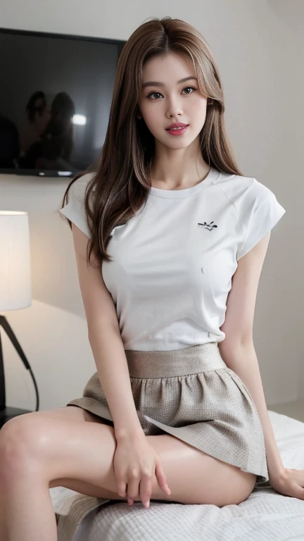 whole body, TOP QUALITY, Practical,  super precise, finely, high resolution,   8k Wallpaper, 1 beautiful woman,,  light brown tousled hair,  t-shirt that shows the TV chest，short skirt,  clear focus, perfect dynamic composition,   beautiful and delicate ey...