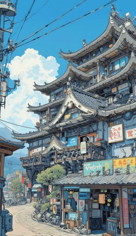 "World Peace"detailed headline sign, Japanese Castle,Ishigaki, Japanese style cyberpunk,wooden,tiled roof,mechanical,Piping,vapor,line,Railway,Tram,tackle,gear,soot,blue sky,cloud,Flock of birds,advertising signs line up,Talk to a dynamic microphone fixed ...