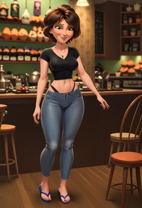 Still cass of "Big hero 6", by the cafe, short hair, smiling, Green t-shirt lifted up shows her sexy black bra, blue tight jeans, in a living room, big breasts, unbuttoned pants,black panties,thicc fat ass,(((white flip flops))),full body