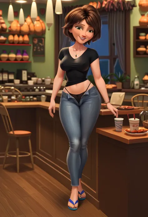 Still cass of "Big hero 6", by the cafe, short hair, smiling, Green t-shirt lifted up shows her sexy black bra, blue tight jeans, in a living room, big breasts, unbuttoned pants,black panties,thicc fat ass,(((white flip flops))),full body