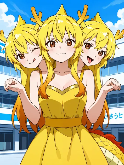 anime girl with three heads, blond hair, brown eyes, yellow dragon girl costume, simple yellow dress, smiling, tongue sticking out, winking, playful pose, outside a convention center