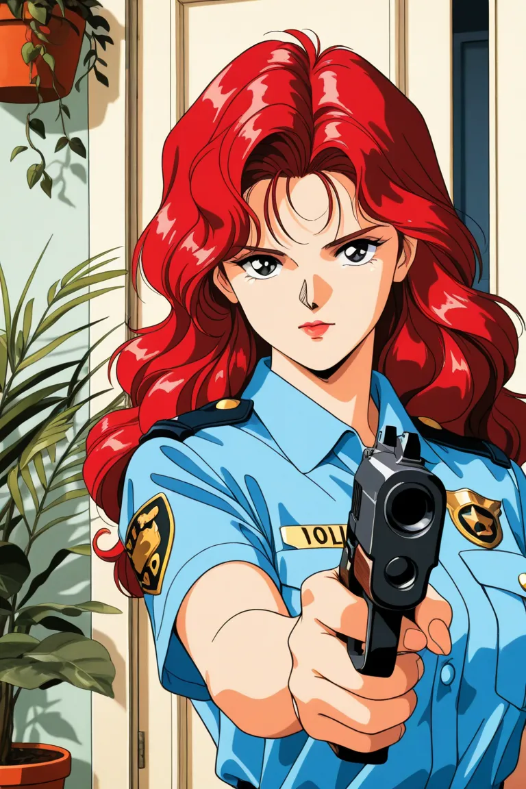 masterpiece,best quality,amazing quality,,1girl,police,police uniform,solo,gun,weapon,policewoman,black eyes,retro artstyle,holding,Wine red hair,long hair,holding weapon,holding gun,1990s \(style\),short sleeves,aiming,uniform,handgun,door,wavy hair,plant...