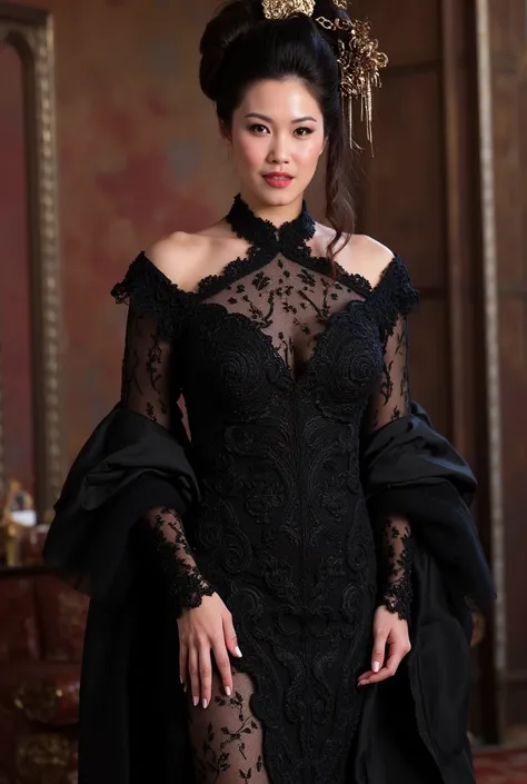 araffe asian woman in a "Sheer black lace dress" with a "sheer black lace shawl", hanfu, wearing a luxurious Sheer lace cloak, intricate "black sheer lace geisha kimono"