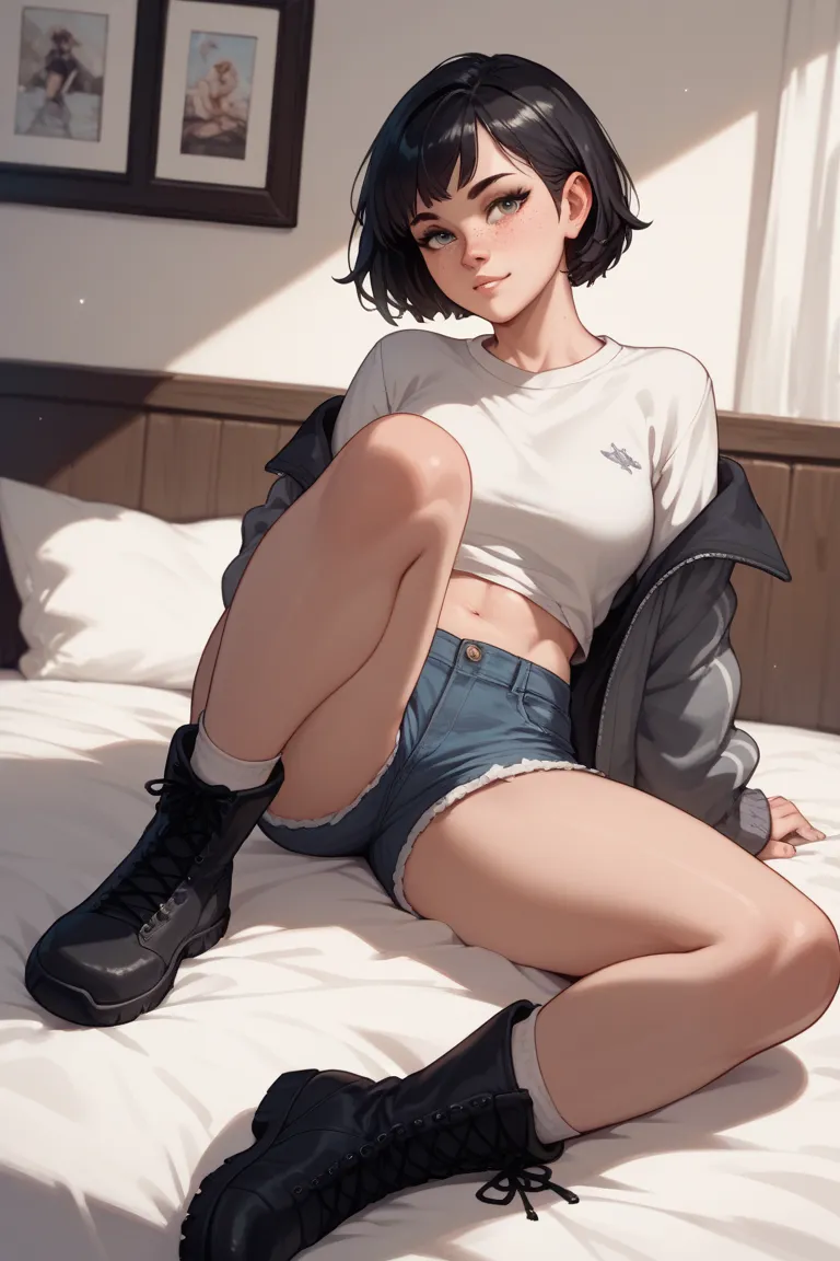 White girl with medium short black hair, face with freckles and a square jaw, wearing a gray sweater with nothing, short denim pants and black tennis boots sitting on her bed