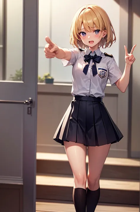 8K, 4K, highest resolution, ((highest resolution)), cute, only daughter, short hair, blonde, small breasts, uniform, high school girl, shy, pointing