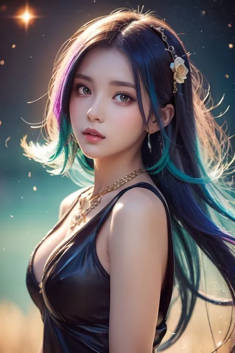 Close-up of a woman with  colorful  hair and necklace,  anime girl 、Cosmic Hair , The gentle vitality of rose roses,  Gouvez style artwork,  Fantasy Art Style ,  colorful ],  vivid fantasy style, Ross draws vibrant cartoons, cosmic and  colorful , Gwaiz,  ...