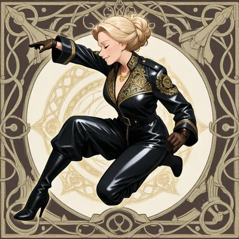  My Hero Academy Anime ,in profile, a beautiful 25-year-old woman,blond hair, short and wavy,eyes closed,a beautiful makeup,wearing dark and elegant outfit fitted black leather jumpsuit with blue and gold details complex with lines and decorative patterns ...