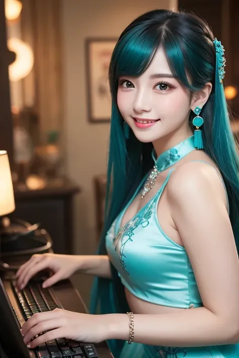 Masterpiece,  best quality ,  Ultra Details, illustration,( 1 girl), eyes drawn in beautiful detail,  Watch Your Audience, ( Hold up the computer keyboard ),  happy, ( turquoise hair:1), (Blue round eyes:1), (Round earrings), ( large turquoise jewelry neck...