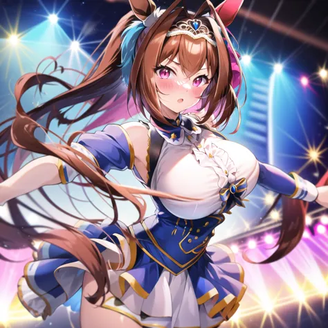 1 girl、1 tall girl 、Uma Musume Pretty Derby、 Daiwa Scarlet(Uma Musume Pretty Derby)、詳細な背景、 brown hair、long twin tail hair、brown horse ears、 Air Intake 、brown horse tail、blush、 Flushing Cheeks 、Big Breasts、 anime beautiful girl 、blue and white dancer costum...