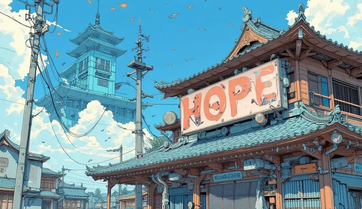 "Hope for the future"detailed headline sign, Japanese Castle,Ishigaki, Japanese style cyberpunk,wooden,tiled roof,mechanical,Piping,vapor,line,Railway,Tram,tackle,gear,soot,blue sky,cloud,Flock of birds,dynamic angles,dynamic typography,movie poster, magaz...