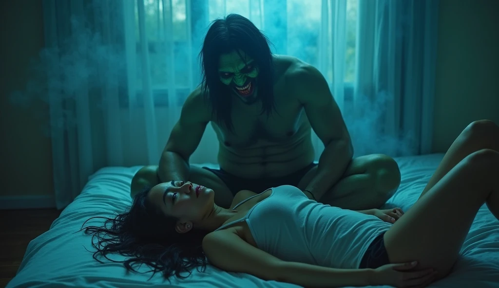 professional photos, photography, buto ijo ghost, scary face, black hair, green skin, green skin, big body, giant, red eyes, fangs, hugging his wife in a sitting position, Malaysian woman with a pale face, long messy black hair, wearing a white tank top, b...