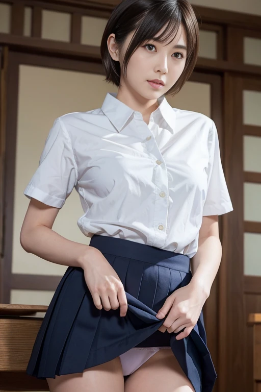  Tendo Akane, Private Fenglin School Uniform,   is standing, Alone,,  masterpiece, TOP QUALITY,  detailed face,  detailed eyes, high resolution,, 18 years old,  Clothes Lift ,  Open Clothes , viewers, bangs, white シャツ, Shirt lift, lifted by myself, pleated...